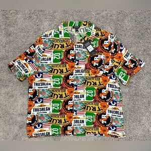 True Religion All Over West Coast Logo Camp Collar Hawaiian Shirt Mens Size 2XL